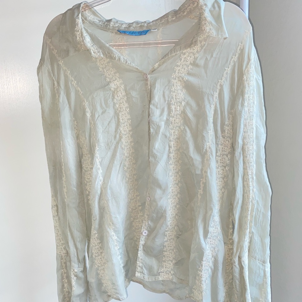 Vintage Johnny Was Elegant Sage Green & Cream Lace Blouse
